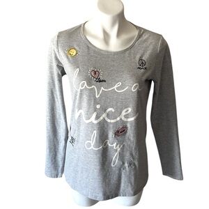 Punt Roma Women’s Gray Embellished Have A Nice Day Long Sleeve Tee Size Medium